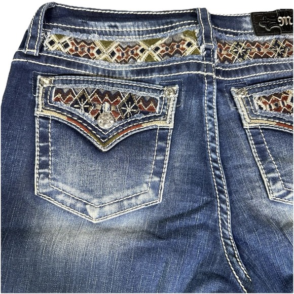 Miss Me Jeans Women 32 Blue Mid Rise Boot Bootcut Thick Stitch Embroidered Bling - Picture 7 of 8